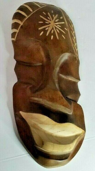 Vintage Hand Carved African Tribal Wooden Smiling Face Mask brown beige 2