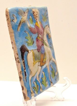 Antique 19th Qajar Persian Ceramic Tile Falconer on Horseback Molded Glazed 3