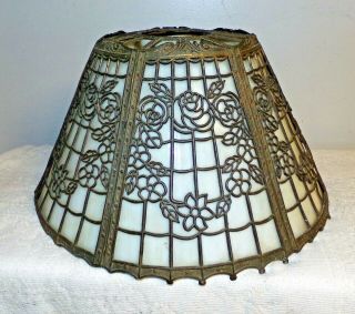 Antique Leaded Slag Glass Lamp Shade Lattice & Floral Design