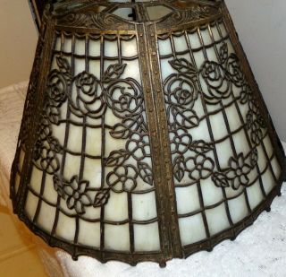 Antique leaded slag glass lamp shade lattice & floral design 3