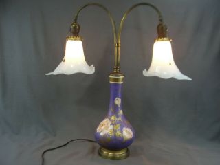 Antique Paris Porcelain Art Nouveau Double Light Lamp Calla Lily Glass Shades