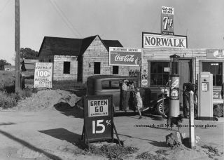 Vintage Norwalk Gas Station Photo Pumps Oil Great Depression California 1940