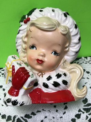 Vtg Napco 1956 Christmas Blond Girl W/present Ceramic Head Vase Cx23488