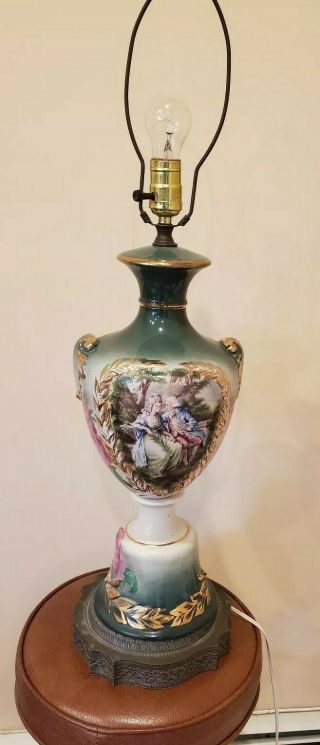 Vintage Victorian Style Green & Gold Porcelain / Ceramic Lamp On Brass Base