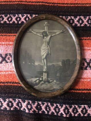 Antique Religious Lithograph Jesus On Cross Crucifix