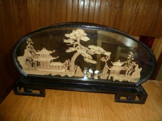 Vintage Chinese Hand Carved Cork Miniature Scene In Framed Glass Case