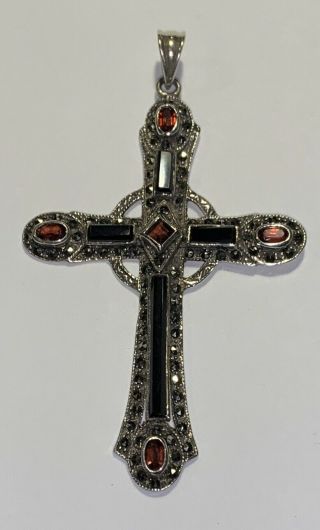 Vintage Sterling Silver Cross With Onxy And Garnet Accents
