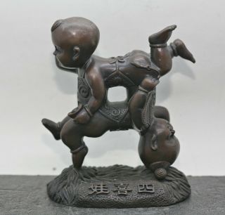Interesting Wonderful Vintage Chinese Casted Bronze Statue Of Two Babies C1930s