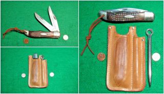 Vtg Sheath Blade Hunt Usa Case Xx Folding Knife 1 Spike Yacht Leather Rigger Set
