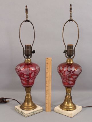 Pair Antique Early 20thc Ruby Hand Blown Cut - To - Clear Glass Electric Lamps