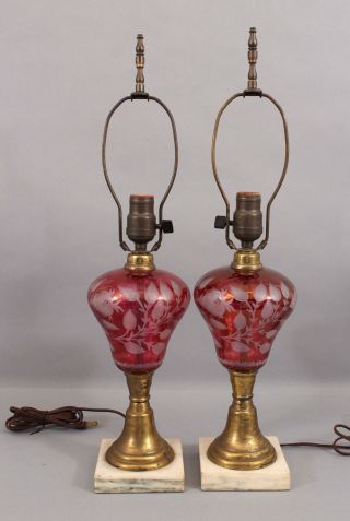 Pair Antique Early 20thC Ruby Hand Blown Cut - to - Clear Glass Electric Lamps 2