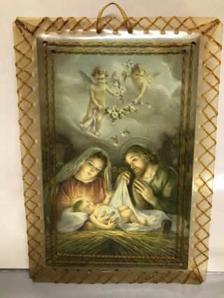 Vtg Antique Mary Joseph Baby Jesus Card Decoration Wall Hanging Angels