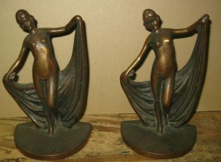 Antique Modernistic Art Deco Nude Lady 7 " Bookends Cast Iron Bronze