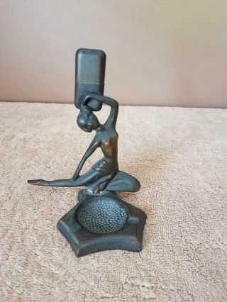 Antique Bronze Art Deco Lady Ashtray With Lighter
