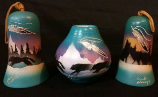 3 Signed Navajo Native American Indian Pottery Bud Vase Chimes Wolves Hozoni 3