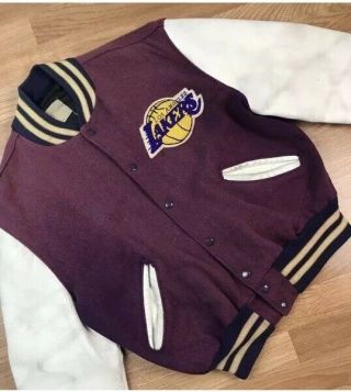 Vintage Vtg 70s La Lakers Letterman Jacket Medium 44 Delong Varsity Bomber Wool