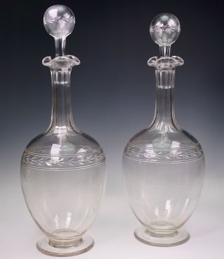 Antique 19th Century Blown And Cut Ground Smooth Pontil Set Of Two Decanters