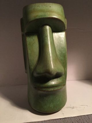 Vintage Easter Island Moai Tiki Head Vase Mug Cup Green 6”1/2 Signed
