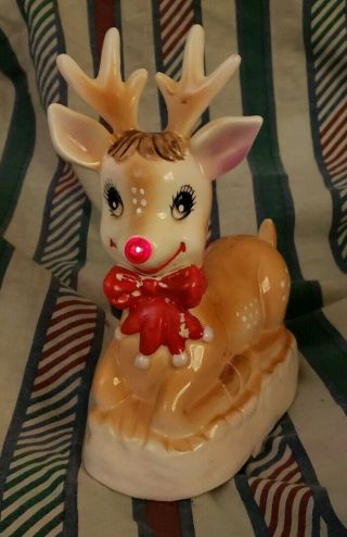 Vintage Musical Light Up Ceramic Rudolph The Red Nose Reindeer & Golden Book