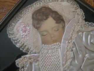 Vintage Victorian Mourning Picture Baby W/Real Hair Lace Satin Blanket Girl 2