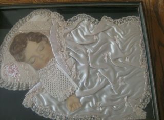 Vintage Victorian Mourning Picture Baby W/Real Hair Lace Satin Blanket Girl 3