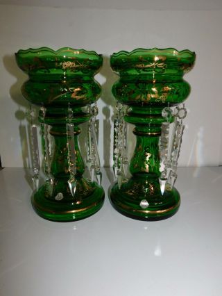 Pair Czechoslovakia Bohemian Green & Gold 12 3/4 " Tall Mantle Lusters W/ Prisms