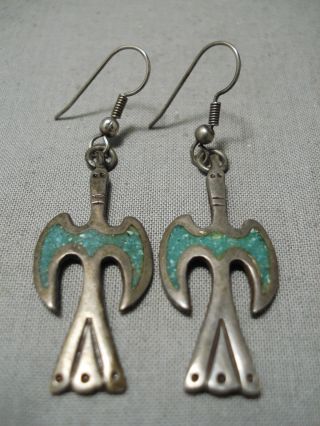 Long Rare Vintage Zuni Green Turquoise Sterling Silver Native Americsn Earrings