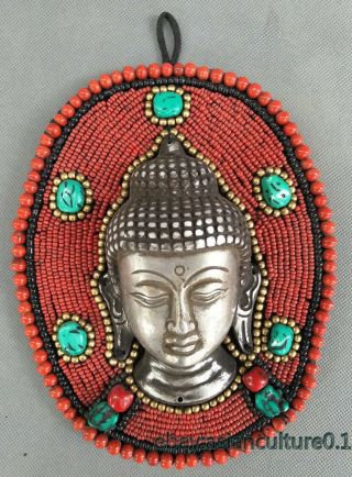Old Tibetan Buddhism Tibet Silver Inlay Beads Handwork Buddha Statue