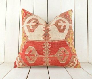 One - Of - A - Kind Handmade Vintage Boho Red Geometric Kilim Throw Pillow 16x16