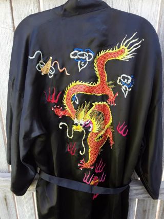 Mens Vintage Xl Black Silk Japan China Kimono Embroidered Long Robe W/dragons