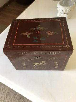 Vintage YING MEE CO China Tea Box Wood With Chinese Graphics Art 2