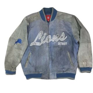 Nfl Detroit Lions Mens Large Blue Gray Leather Suede Logo Embroidered Jacket Vtg