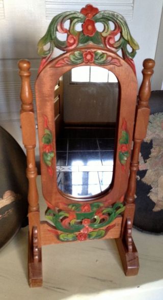 Vintage 21 " Table Top Mirror Wood Swivel Hand Carved Flowers Nouveau Hollywood