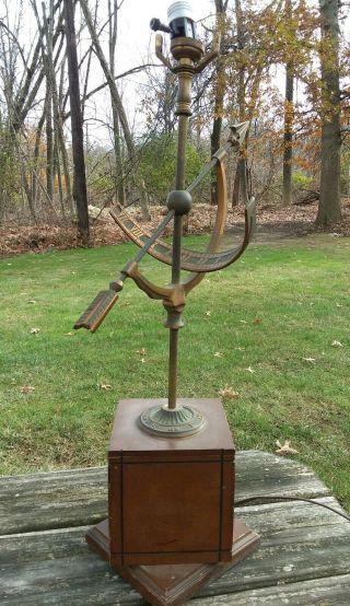 Vtg Frederick Cooper Armillary Sundial Bronze Wood Arrow Table Lamp Deco Compass