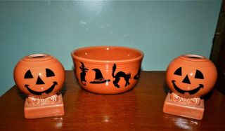 Vtg Fiesta Ware Orange Halloween Set 3 Candy Bowl & Candle Sticks Blk Cats Hats