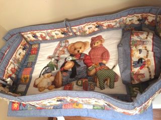 Vintage Blue Jean Teddy Bear Nursery Crib Bedding Set 3 Piece Set