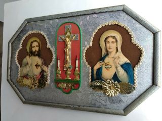 Vintage Metal Framed Religious Picture Of The Sacred Heart Of Jesus & Mary