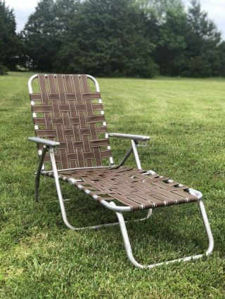 Vintage Aluminum Folding Lawn Chaise Lounge Chair Brown Webbing Patio Camping