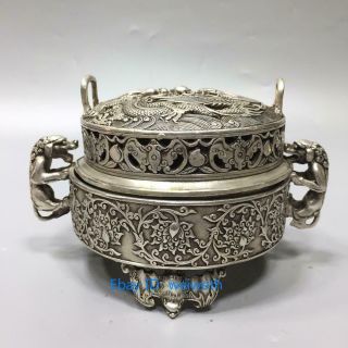 Chinese Handwork Carved Tibet Silver Dragon And Phoenix Incense Burner