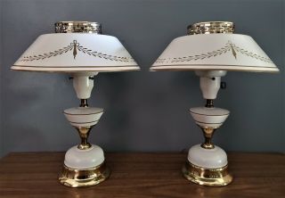 Pair Vintage Toleware 60s Table Lamps Metal Beige Gold Cottage Farmhouse Shabby