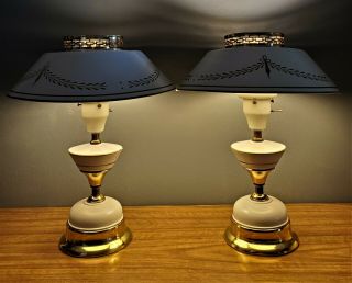 Pair Vintage Toleware 60s Table Lamps Metal Beige Gold Cottage Farmhouse Shabby 2