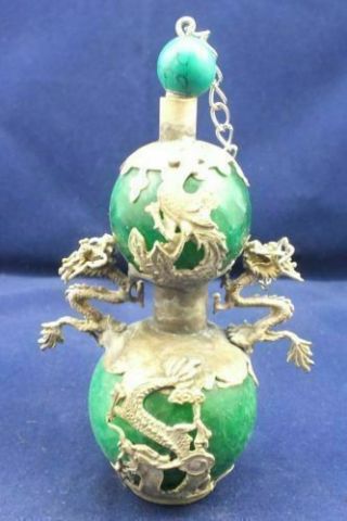 Collect Chinese Tibetan Silver Dragon And Phoenix Green Jade Snuff Bottle