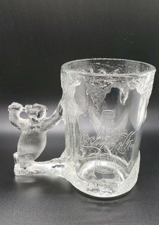 1997 Vtg Coca Cola Coke Polar Bear Handle Mug Glass Stein Heavy Frosted 2