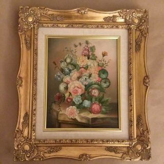 Vtg Floral 10x12 " Painting On Wood Panel Ornate Frame Signed " Nelida " 1940 