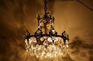 Antique Vintage French Basket Crystal Chandelier Brass Ceiling Lamp Rare