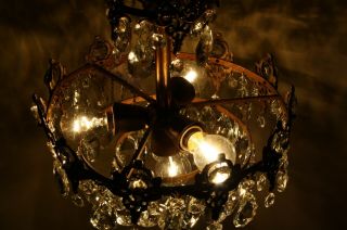 Antique Vintage French Basket Crystal Chandelier Brass Ceiling Lamp RARE 3