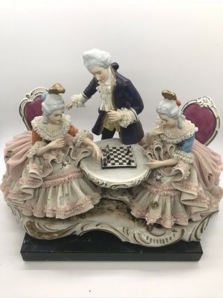 Wilhelm Rittirsch Dresden Porcelain Lace 3 - Figure Group Playing Chess Germany