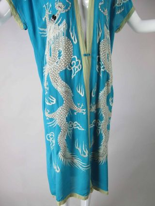 Wonderful 1920 ' s French Blue Silk Crepe Robe With Embroidered White Dragons 2