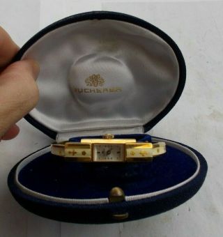 Rare Vintage Bucherer Wind Up Watch Wristwatch & Case 10k Gold Swiss Deco Look