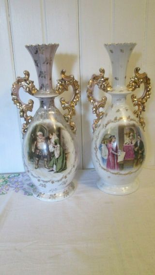 2 C1890s Antique Austria Porcelain Figural Vase 14 " Victoria Carlsbad Pair